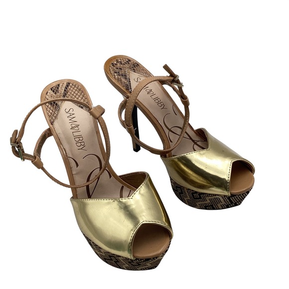 Sam & Libby Shoes - Sam‎ & Libby Gold Metallic Snakeskin Platform Heels Peep Toe Sandals Size 8